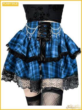 Womens Gothic Mini Skirt Tie Waist Layered Punk Emo High Waisted A-Line